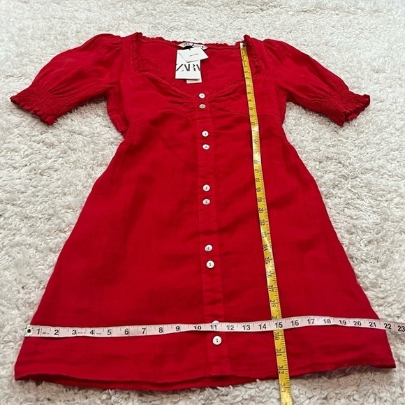 NWT Zara Red Linen Sweetheart Ruffle Mini Dress Button Accent Pullover Medium - Picture 9 of 12